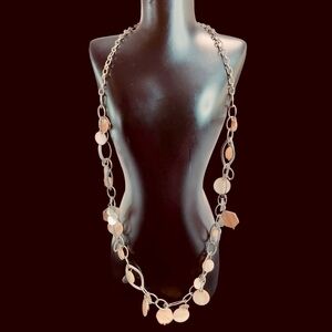 "Chico's Long Silver Link Necklace with Peach Shell & Resin Accents"